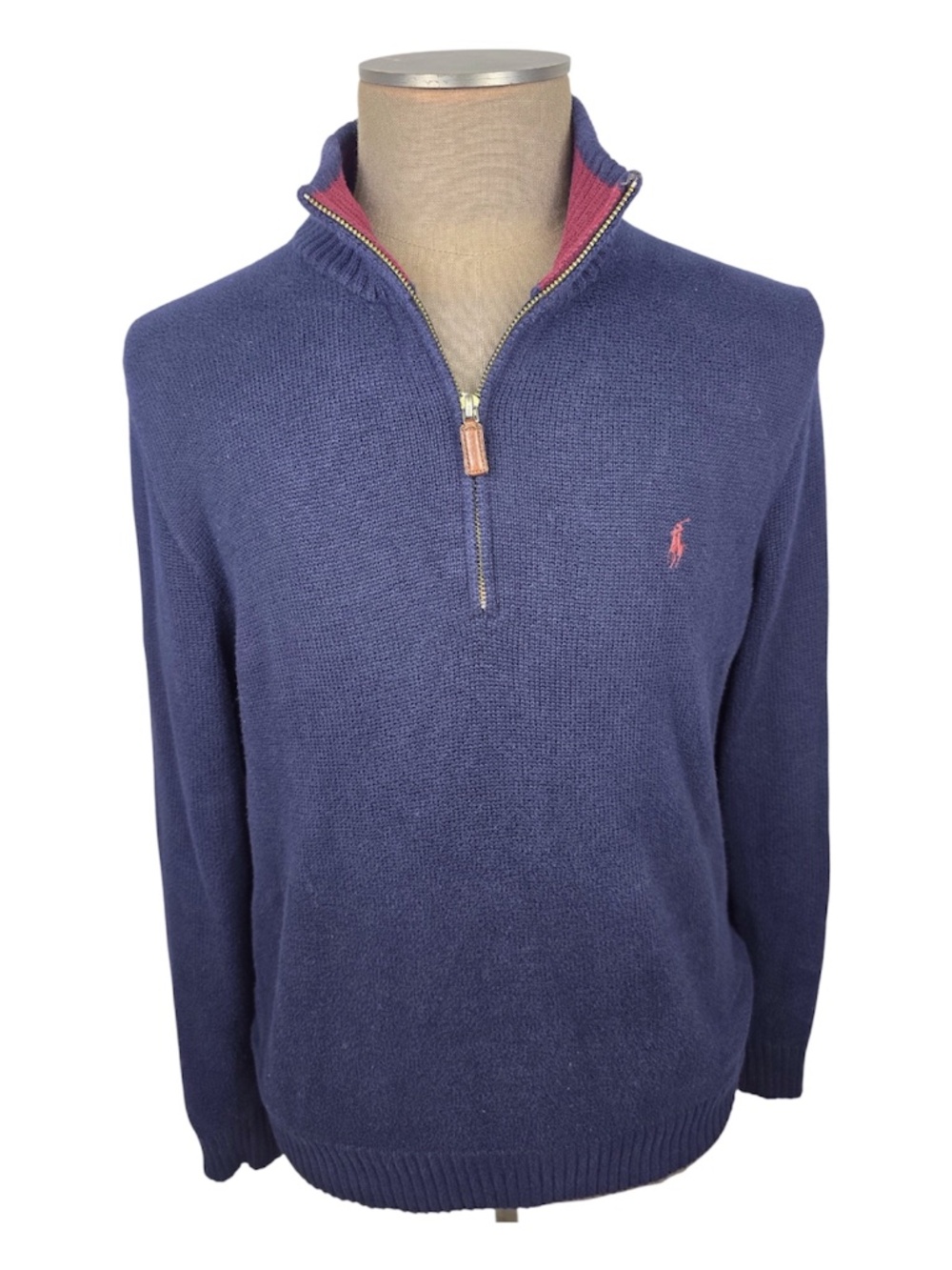 Polo Ralph Lauren Men’s Quarter Zip Sweater Navy Blue Red Pony Size Large